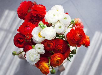 The bouquet of red and white buttercups and peonies on a gray background top view