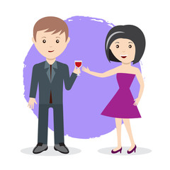 man and woman toast with glass of wine flat style characters