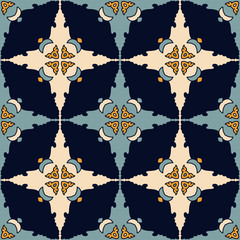 Fototapeta premium Vector abstract seamless patchwork pattern. Arabic tile texture with geometric and floral ornaments. Decorative elements for textile, book covers, print, gift wrap. Vintage boho style.