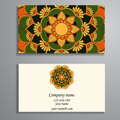 Visiting card and business card set with mandala design element logo. Abstract oriental Layout. Front page and back page