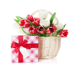 Colorful tulips and gift box
