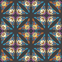 Vector abstract seamless patchwork pattern. Arabic tile texture with geometric and floral ornaments. Decorative elements for textile, book covers, print, gift wrap. Vintage boho style.