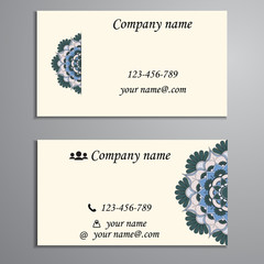 Visiting card and business card set with mandala design element logo. Abstract oriental Layout. Front page and back page