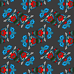 Naklejka premium Vector abstract seamless patchwork pattern. Arabic tile texture with geometric and floral ornaments. Decorative elements for textile, book covers, print, gift wrap. Vintage boho style.