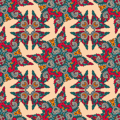 Vector abstract seamless patchwork pattern. Arabic tile texture with geometric and floral ornaments. Decorative elements for textile, book covers, print, gift wrap. Vintage boho style.