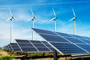 Photo collage of solar panels and wind turbins - concept of sustainable resources © diyanadimitrova