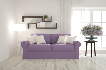 Obraz premium White room with violet sofa. Scandinavian interior design