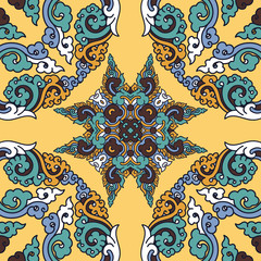 Vector abstract seamless patchwork pattern. Arabic tile texture with geometric and floral ornaments. Decorative elements for textile, book covers, print, gift wrap. Vintage boho style.