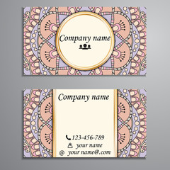 Visiting card and business card set with mandala design element logo. Abstract oriental Layout. Front page and back page