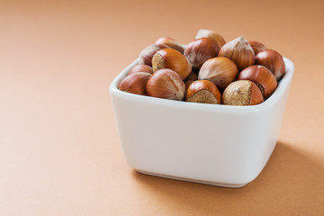 Hazelnuts nut in shell in white bowl on bright brown background