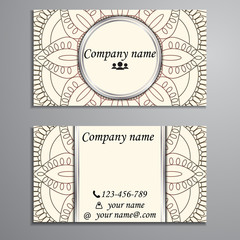 Visiting card and business card set with mandala design element logo. Abstract oriental Layout. Front page and back page