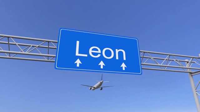 Commercial airplane arriving to Leon airport. Travelling to Mexico conceptual 4K animation