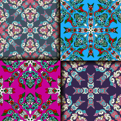 Vector abstract seamless patchwork pattern. Arabic tile texture with geometric and floral ornaments. Decorative elements for textile, book covers, print, gift wrap. Vintage boho style.