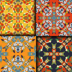 Vector abstract seamless patchwork pattern. Arabic tile texture with geometric and floral ornaments. Decorative elements for textile, book covers, print, gift wrap. Vintage boho style.