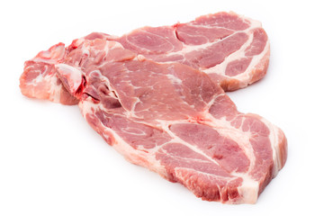 Fresh raw beef steak isolated on white background, top view.