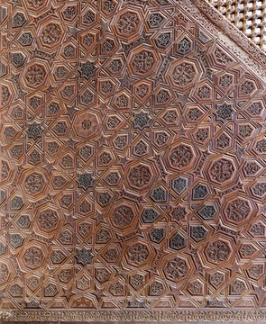 Arabesque ornaments of an old aged decorated wooden mimber (Platform), Ibn Tulun Mosque, Old Cairo, Egypt