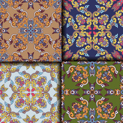 Vector abstract seamless patchwork pattern. Arabic tile texture with geometric and floral ornaments. Decorative elements for textile, book covers, print, gift wrap. Vintage boho style.