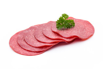 Salami smoked sausage one slice isolated on white background cutout.
