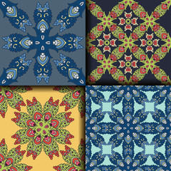Vector abstract seamless patchwork pattern. Arabic tile texture with geometric and floral ornaments. Decorative elements for textile, book covers, print, gift wrap. Vintage boho style.