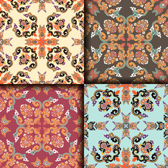 Vector abstract seamless patchwork pattern. Arabic tile texture with geometric and floral ornaments. Decorative elements for textile, book covers, print, gift wrap. Vintage boho style.