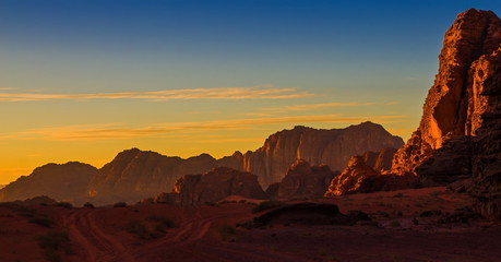 Jordan, Wadi Rum desert, sunset