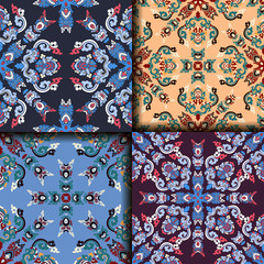 Vector abstract seamless patchwork pattern. Arabic tile texture with geometric and floral ornaments. Decorative elements for textile, book covers, print, gift wrap. Vintage boho style.
