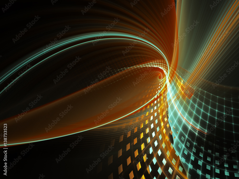 Poster abstract background element. three-dimensional composition of wave shapes, grids and particles. scie