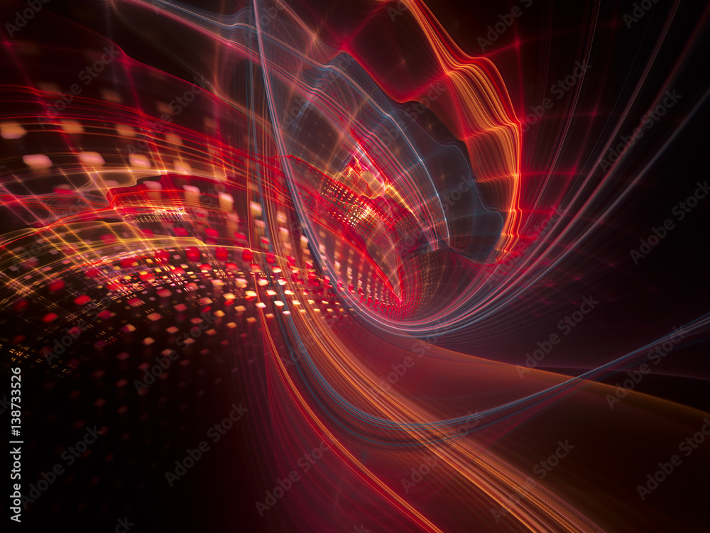 Poster abstract background element. three-dimensional composition of wave shapes, grids and particles. scie