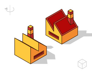 Set of Isolated Isometric Minimal City Elements . Factory with Shadows