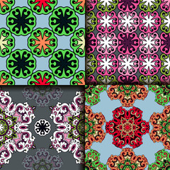 Vector abstract seamless patchwork pattern. Arabic tile texture with geometric and floral ornaments. Decorative elements for textile, book covers, print, gift wrap. Vintage boho style.