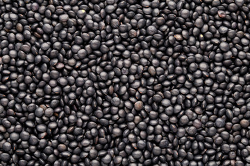 Food and cookery background of healthy dried  black lentils.