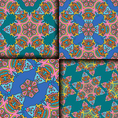 Vector abstract seamless patchwork pattern. Arabic tile texture with geometric and floral ornaments. Decorative elements for textile, book covers, print, gift wrap. Vintage boho style.