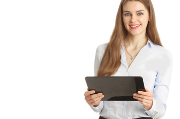 Smiling businesswoman holding tablet in hands. Isolated on white.