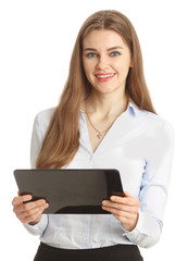 Smiling businesswoman holding tablet in hands. Isolated on white.