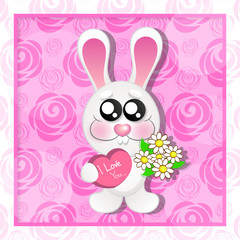 Wedding card with cute cartoon rabbits in love.