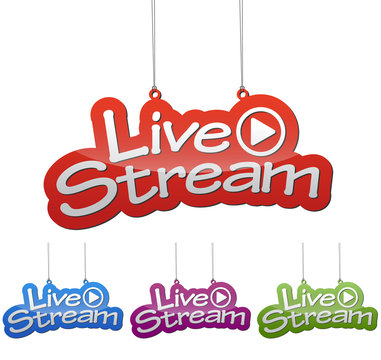 Set vector illustrations isolated tag banner live stream in four color variant red, blue, purple and green. This element is wel adapted for web design.