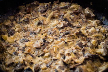 Процесс приготовления лесных грибов в сливочном соусе