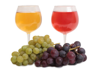Bottle glass of wine and grapes on white background