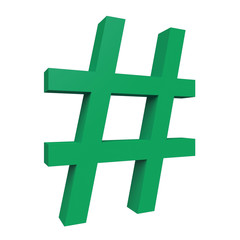 3d Green Hashtag Sign Isolated On White Background, 3d illustration