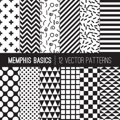 Black White Memphis Style Geometric Patterns. Halftone Dots, Stripes, Chevron, Checks, Triangles, Crosses, Curly Doodles, Spirals. Trendy 80s, 90s Revival Backgrounds. Pattern Tile Swatches Included