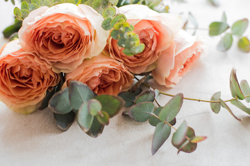 orange roses and decorative branches on white textured backgroun