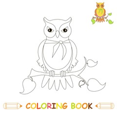 Children coloring page vector illustration, cute owl in monochrome and colour version for kids coloring book