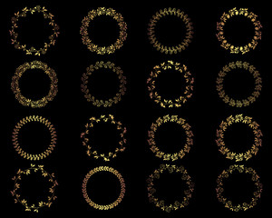 Set of gold round wreaths, floral border decoration for invitations