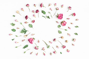 Flowers composition. Frame made of dried rose flowers. Flat lay, top view