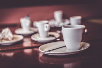 Empty Cups And Saucers On Table In A Cafe