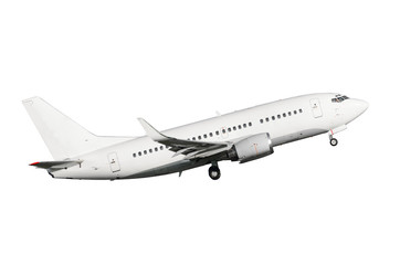 Naklejka premium White airplane in profile on a white background, isolated