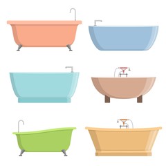 Bathtubs of different style and shape set isolated on white background vector illustration