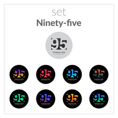 95 logo icon flat and vector set design template. Monogram nine and five. Logotype neighy-five with blue, red, green, yellow, violet, orange gradient on black background. Concept signs for card banner