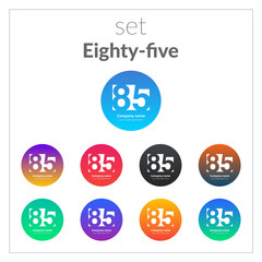 85 logo icon flat and vector set design template. Monogram eight and five. Logotype ninety-five with gradient blue, red, green, yellow, violet, orange color. Concept signs for card banner