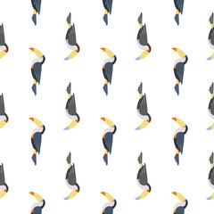 Colorful flying toucan birds. Seamless pattern.